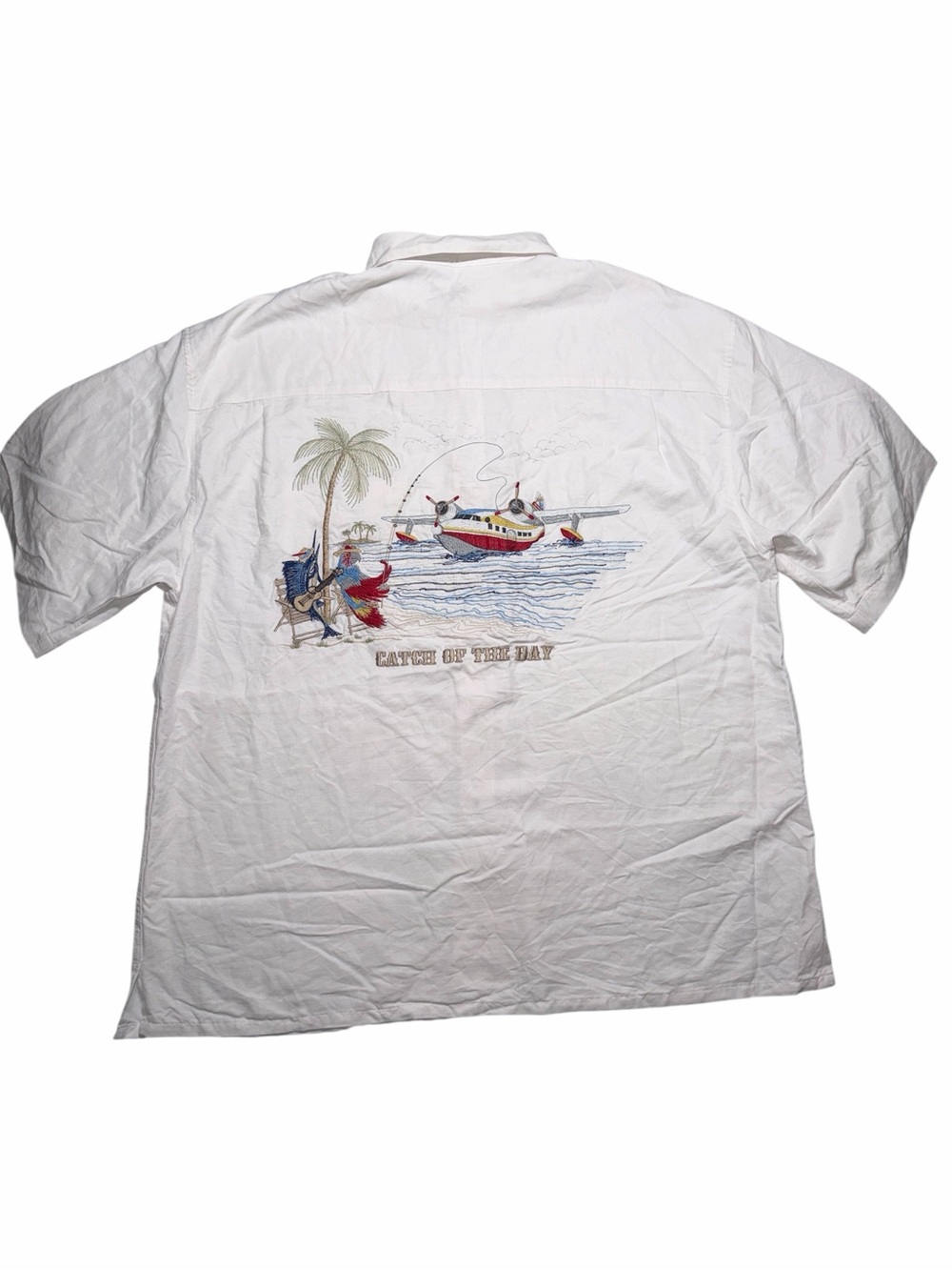 Bamboo Cay 2XL Catch of the Day Embroidered Resort Wear Camp Shirt White NEW